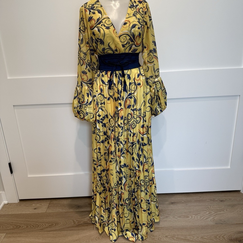 Mar a Mar NWT Yellow Scroll Print Pleated Maxi Beach Dress Bishop Sleeves Sz L